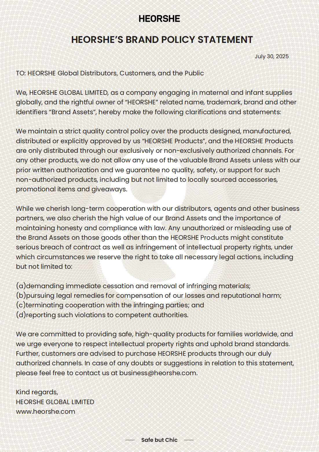 HEORSHE BRAND POLICY STATEMENT